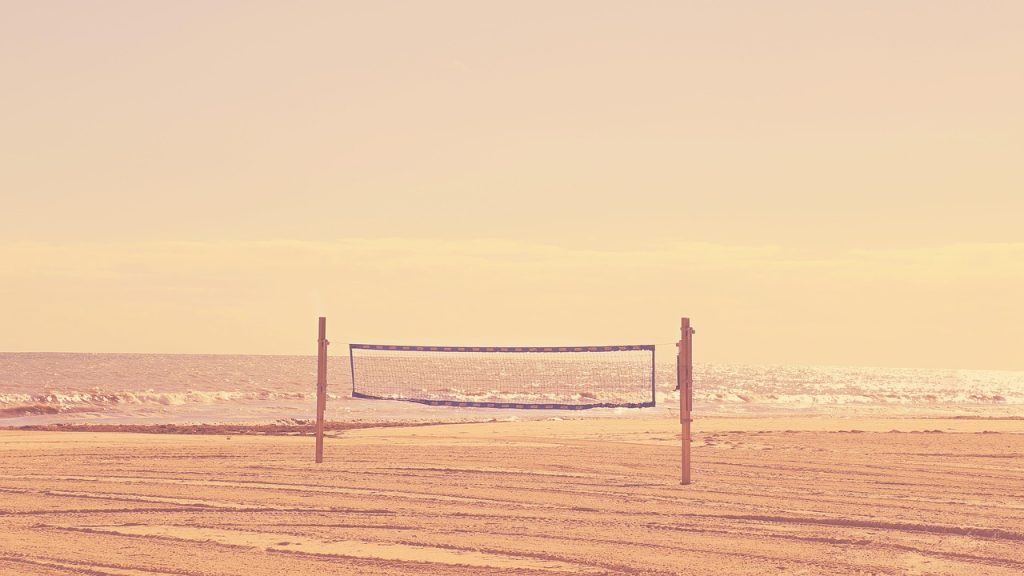beach, daylight, landscape, light, net, ocean, outdoors, nature, sand, sea, seascape, seashore, sun, sunset, travel, volleyball net, water, waves, weather